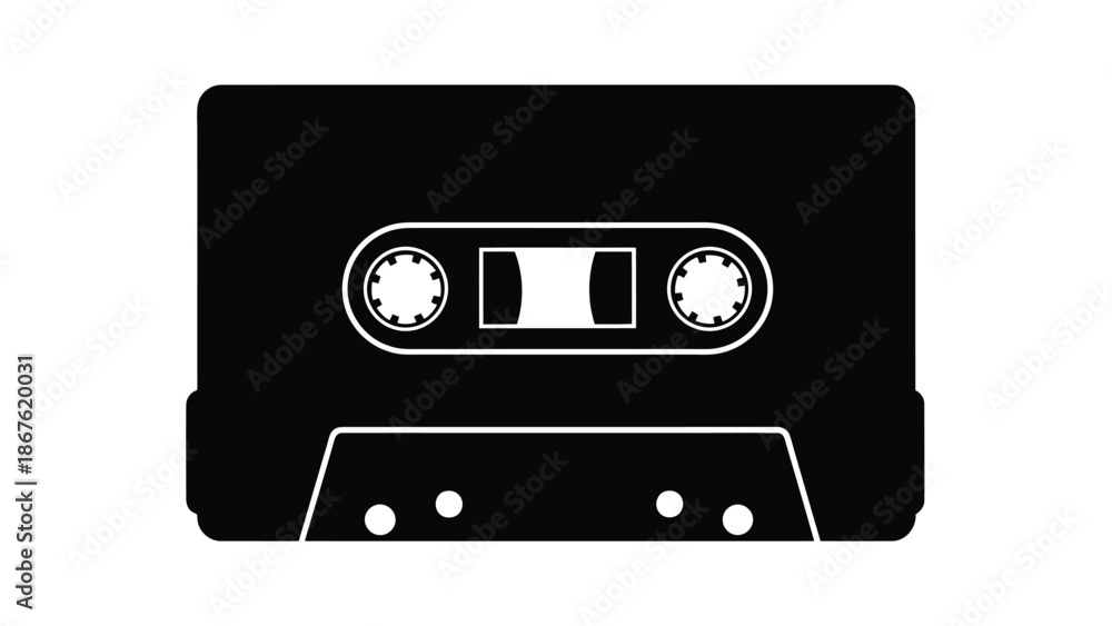 Obraz premium Minimalist black cassette tape icon symbol silhouette isolated on white background