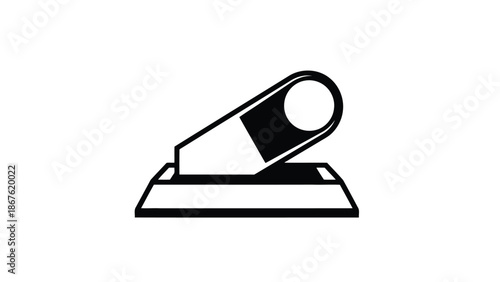 Black and white minimalist icon of a plane iron tool on a flat surface, simple line drawing in flat design style isolated on white background