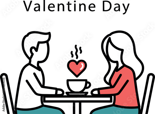 Romantic ValentineDay date illustration featuring a loving couple enjoying a warm drink together at a table