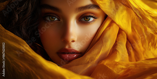 Woman with long hair and green eyes wearing a yellow scarf, her face illuminated by the light of the sun. Commercial illustration artwork. Illustration. High-resolution. High-res. Premium quality.