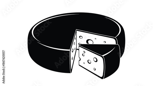 Black silhouette of a wheel of cheese with two slices cut out, flat design isolated on white background