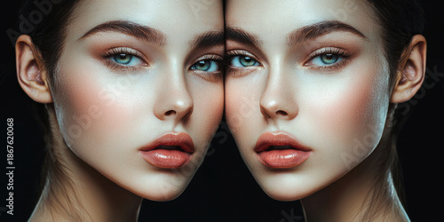 Woman with blue eyes and red lipstick against a dark background. Commercial illustration artwork. Illustration. High-resolution. High-res. Premium quality. Premium. Professional grade. Quality.