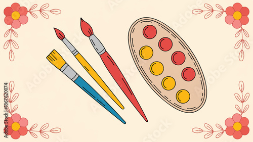 paint brushes and palette with colorful paints and flowers