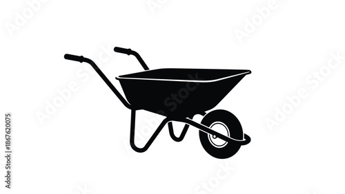 Black silhouette of a wheelbarrow with one wheel on a isolated on white background