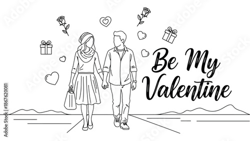 Romantic young couple walking handinhand surrounded by floating hearts roses gift boxes and a Be My Valentine message perfect for a loving celebration
