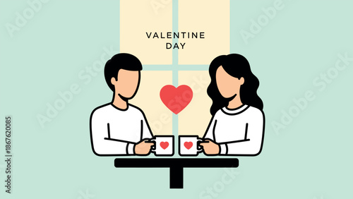 Sweet couple celebrating Valentines Day together drinking coffee or tea from heart mugs at a cafe table illustration