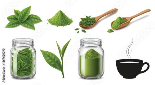 Matcha green tea leaves powder and prepared drinks in various forms