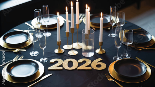 New year party table setting with gold decorations and candles 2026
