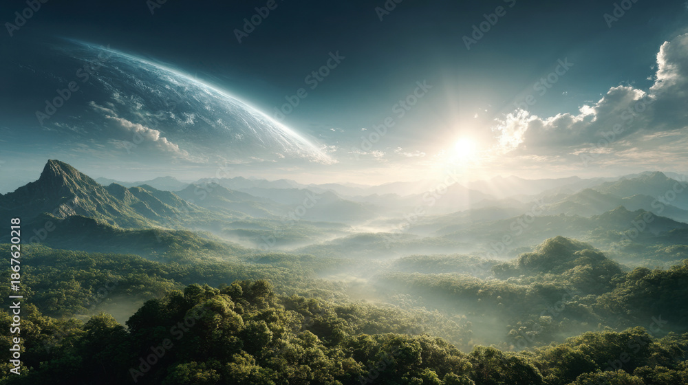 Obraz premium Stunning view of the mountains from the top of a hill, with lush green trees in the foreground and a beautiful sky with clouds and sun in the background. Commercial illustration artwork. Illustration.