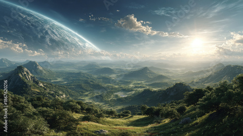 Stunning landscape of a mountain range with lush green trees, grass, and rocks scattered throughout. Commercial illustration artwork. Illustration. High-resolution. High-res. Premium quality. Premium.