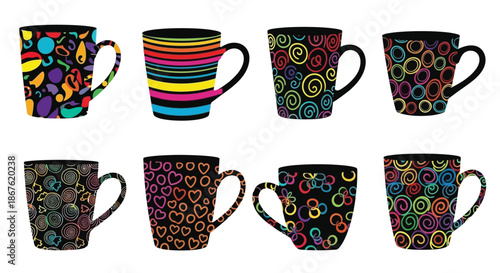 A vibrant collection of uniquely patterned ceramic coffee mugs displayed in a grid