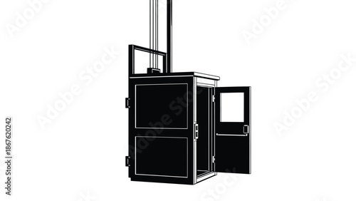 Black silhouette of a compact wood-burning stove with chimney and open door isolated on white background