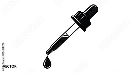 Black dropper pipette with single drop falling, flat vector graphic isolated on white background