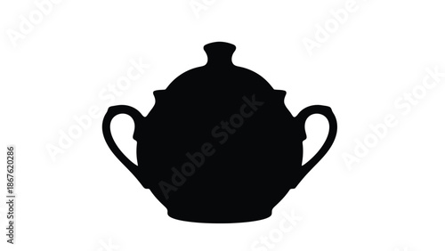 Black silhouette of a covered teapot with two handles on a isolated on white background