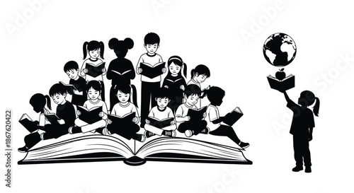 Children reading and learning together with an open book and a globe