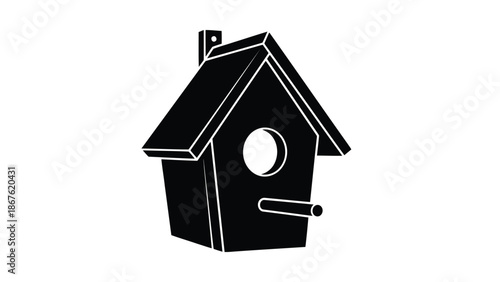 Black silhouette of a birdhouse with a chimney and perch, minimalist flat design isolated on white background