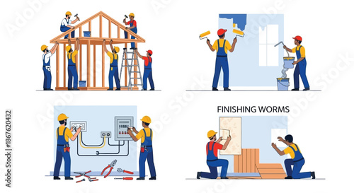 Construction workers building and finishing a house electrical and tiling work