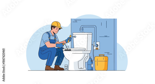 A plumber is fixing a toilet in a bathroom setting