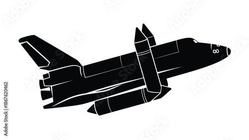 Black silhouette of space shuttle in flight isolated on white background