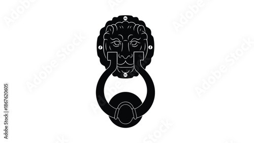 Black lion head door knocker silhouette with ring isolated on white background