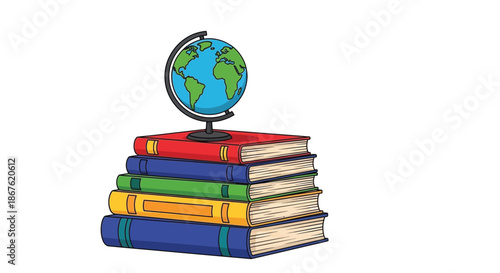 A colorful illustration of a globe resting atop a stack of books
