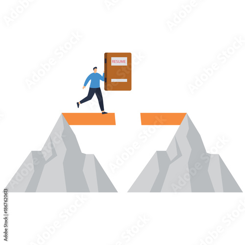 Flat vector style illustration of human resource manager building bridge using candidate resumes to connect recruitment and onboarding process in HR workflow stock illustration