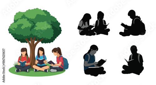 Students studying outdoors under a tree with various poses and silhouettes