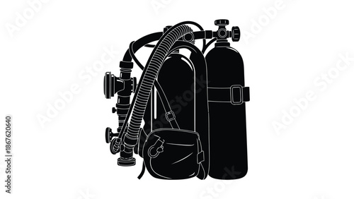 Scuba diving equipment silhouette with oxygen tank and regulator isolated on white background