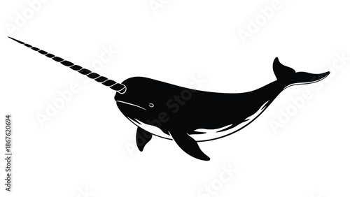 Black silhouette of a narwhal swimming isolated on white background
