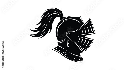 Black silhouette of a medieval knight's helmet with a pony tail on a isolated on white background