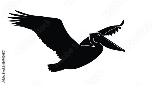 Black pelican flying in minimalist silhouette style isolated on white background