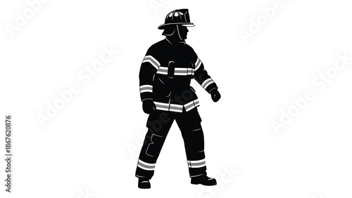 Silhouette of fireman in uniform standing isolated on white background