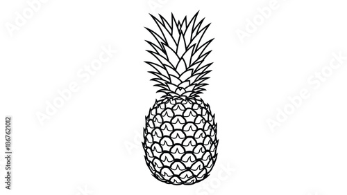 Black line art pineapple on , minimalist flat design isolated on white background
