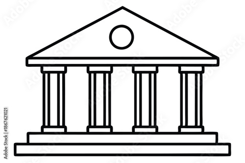 Elegant black and white bank building icon, symbolizing finance and security, on a clean white background.