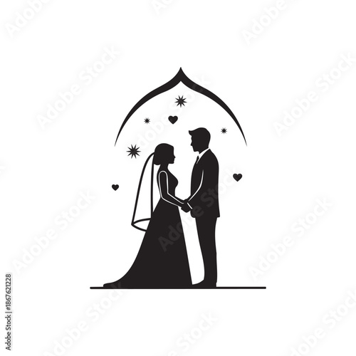 A vector illustration of a married couple silhouette featuring a groom and bride in a gown with a bouquet and veil kissing during their wedding celebration