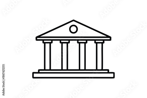 Striking black and white vector icon of a bank building, conveying finance and security, on a plain white backdrop.