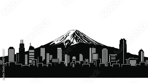 City skyline silhouette against a majestic mountain backdrop in monochrome