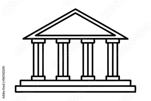 Minimalist black and white illustration of a bank building, representing financial concepts, on a pure white surface.