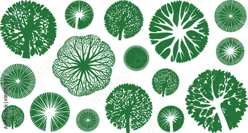 Set of green tree top view symbols for architectural masterplan, flat vector vegetation icons for landscape design and garden floor plans.