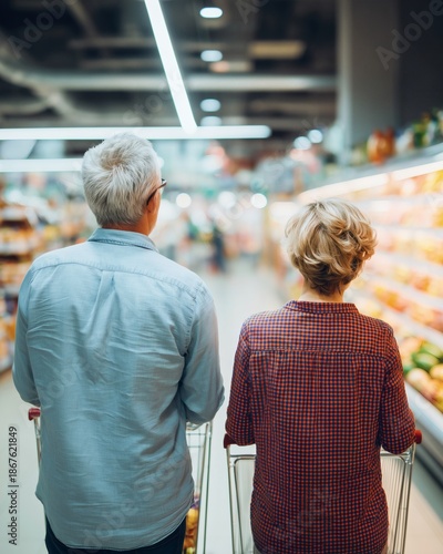 Senior couple seen from behind pushing shopping carts in a supermarket aisle. Everyday grocery shopping, consumer lifestyle, retail environment, and daily routine concept.