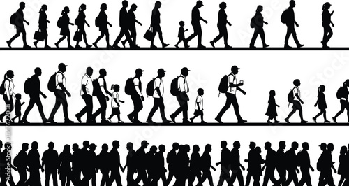 Silhouettes of School Children and People Walking with Backpacks and Books for Education Back to School and Learning Life Concept (20 words)