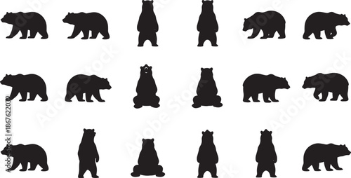 Set of black bear silhouettes in diverse poses for wildlife graphics, grizzly and brown bear icons for nature adventure, camping logos, and outdoor emblems.