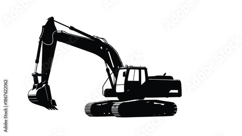 Silhouette of a powerful excavator a heavy construction machine detailed in black