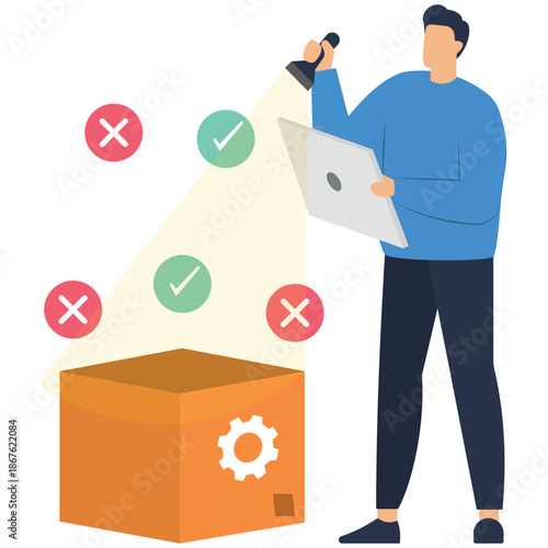 Flat vector style illustration of quality control manager scanning product with checklist flashlight to detect compliance errors stock illustration
