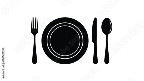 Simple black and white illustration of a plate fork knife and spoon