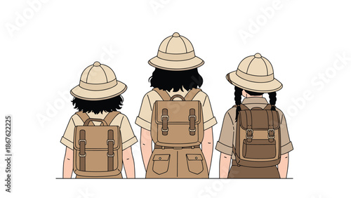 Rear view of three explorers wearing safari hats and backpacks as they prepare for a long hike through the wilderness.