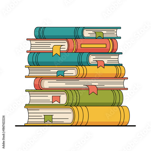 Stacked books flat vector illustration with bookmarks in bold harmonious colors on white background