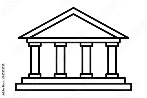A simple black and white bank building symbol, ideal for finance and business concepts, on a white background.