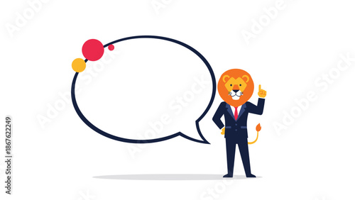 Lion in a formal business suit stands next to a large blank speech bubble that is ready for your custom text or message.