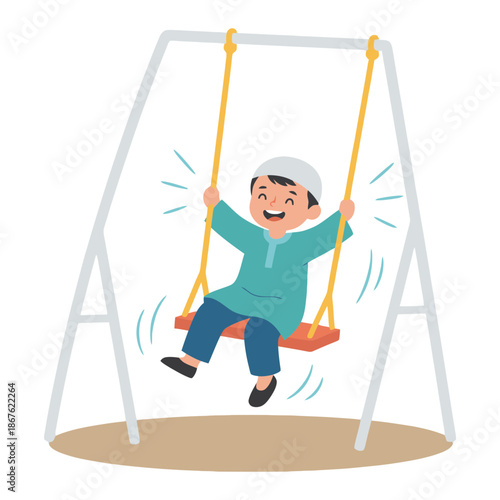 Happy child swinging on playground swing set with joyful expression